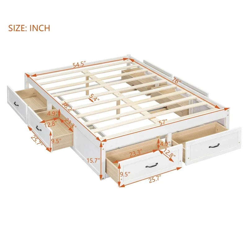 Lit plateforme double avec 6 tiroirs de rangement