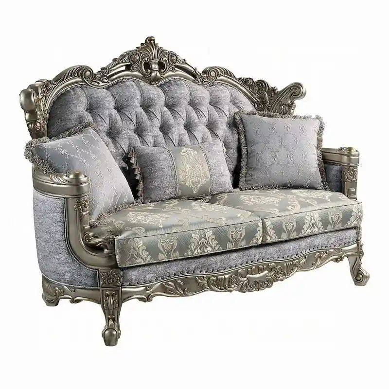 Causeuse avec 3 oreillers, tissu gris, finition bronze antique, 73 pouces