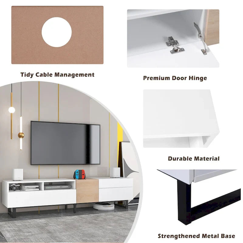 Meuble TV pour téléviseur de 80 pouces avec double espace de rangement, console multimédia, centre de divertissement avec porte abattante