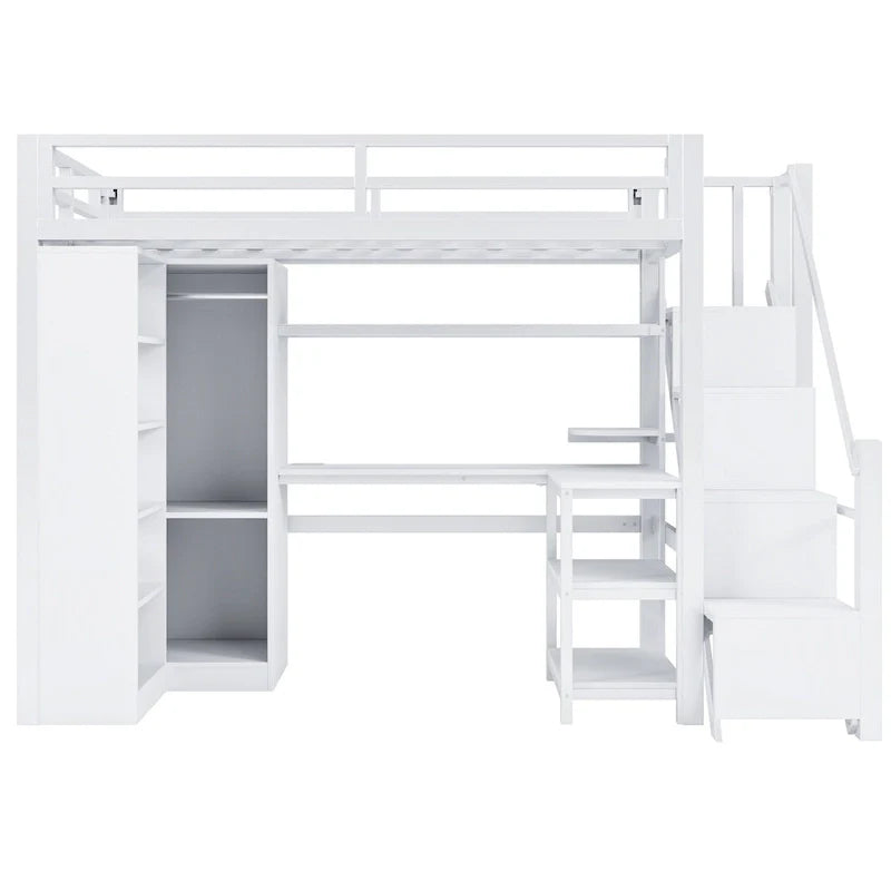Lit mezzanine en métal avec bureau, armoire et escalier intégré – Lit simple/double
