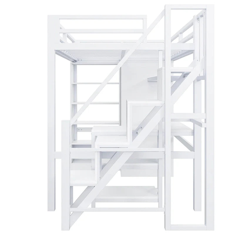 Lit mezzanine en métal avec bureau, armoire et escalier intégré – Lit simple/double
