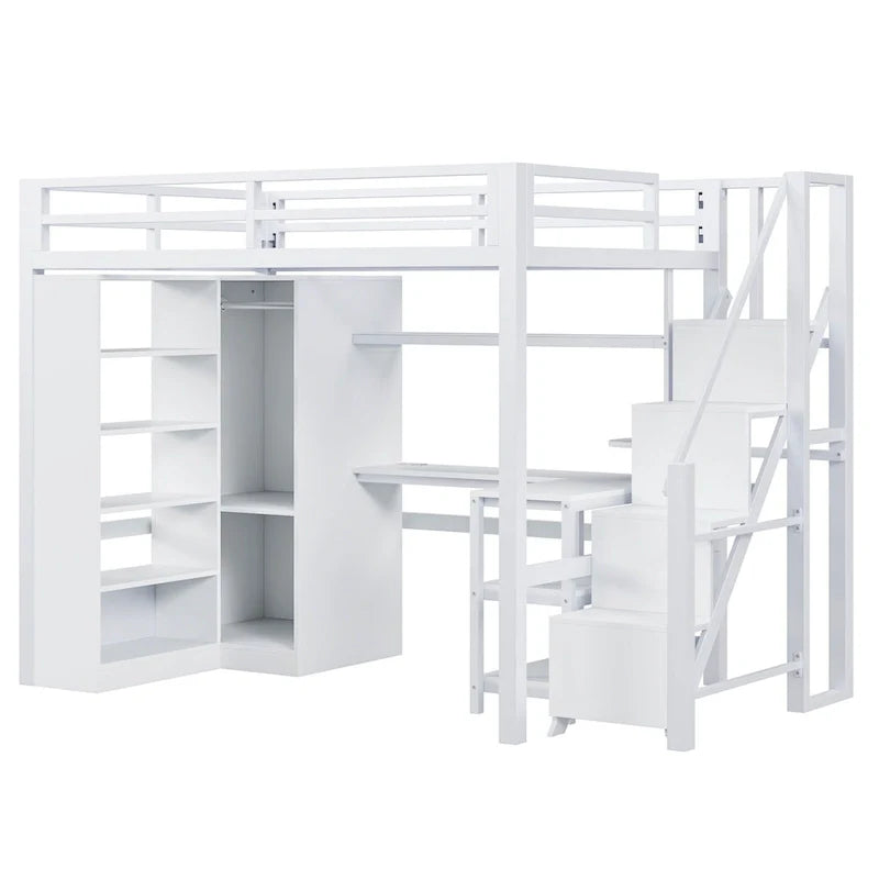 Lit mezzanine en métal avec bureau, armoire et escalier intégré – Lit simple/double