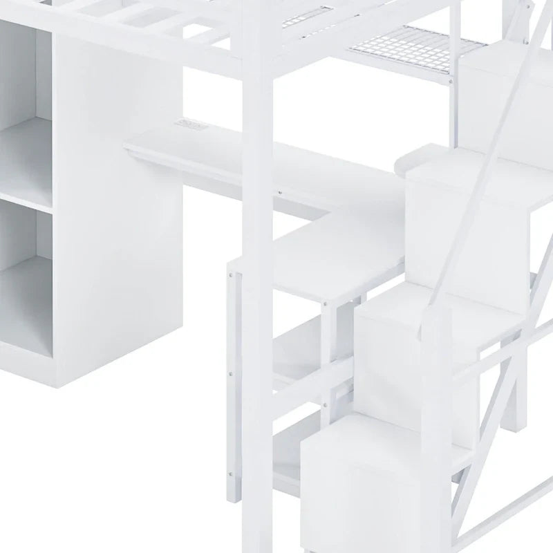 Lit mezzanine en métal avec bureau, armoire et escalier intégré – Lit simple/double