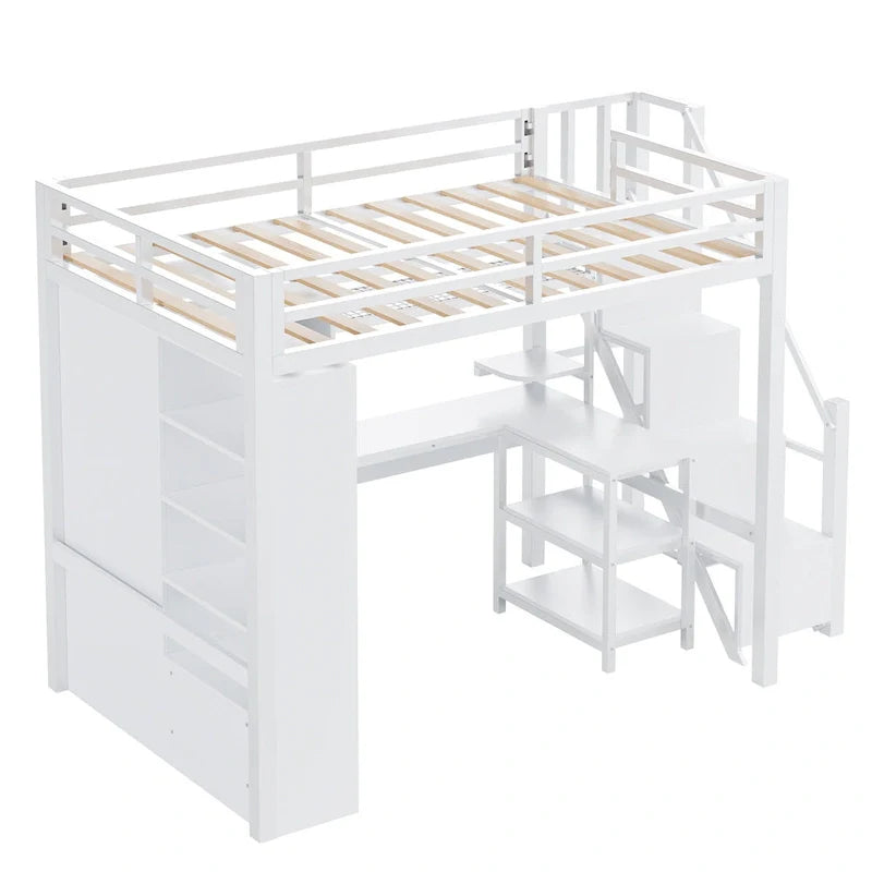 Lit mezzanine en métal avec bureau, armoire et escalier intégré – Lit simple/double