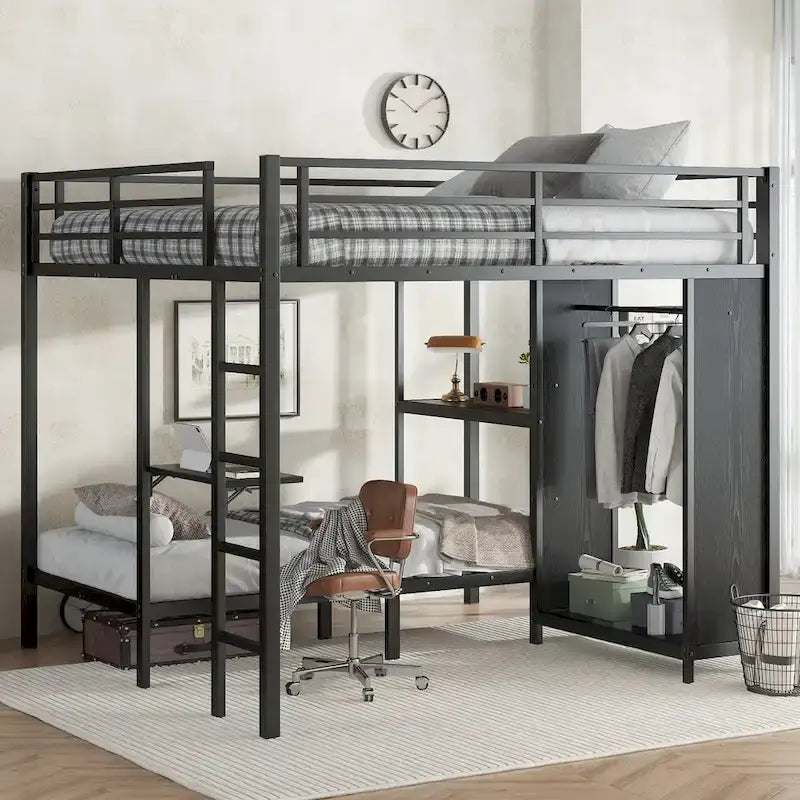 Lit superposé King sur Twin XL avec armoire intégrée et bureau pliable, Noir