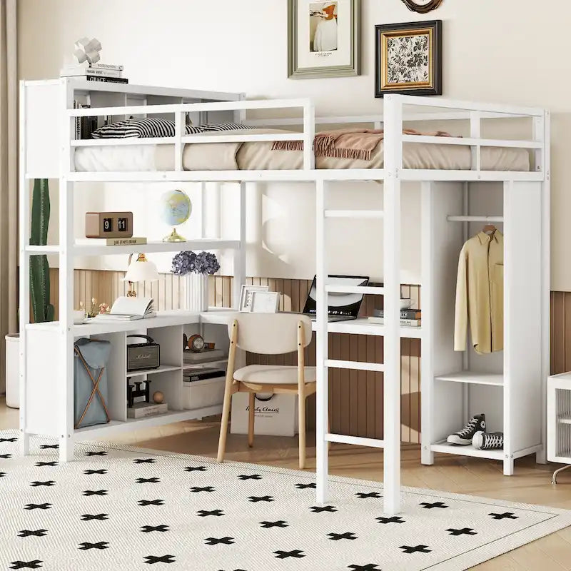 Lit mezzanine double en métal avec armoire, bureau en L et rangement