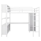 Lit mezzanine double en métal avec armoire, bureau en L et rangement