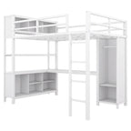Lit mezzanine double en métal avec armoire, bureau en L et rangement