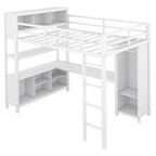 Lit mezzanine double en métal avec armoire, bureau en L et rangement