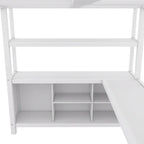 Lit mezzanine double en métal avec armoire, bureau en L et rangement