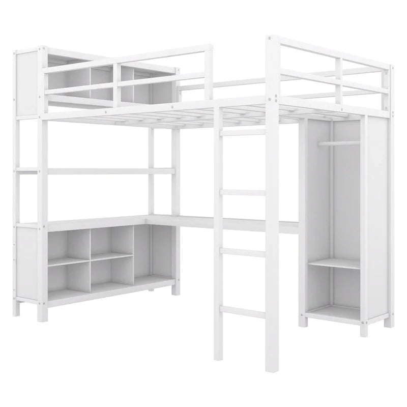 Lit mezzanine double en métal avec armoire, bureau en L et rangement