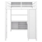 Lit mezzanine double en métal avec armoire, bureau en L et rangement