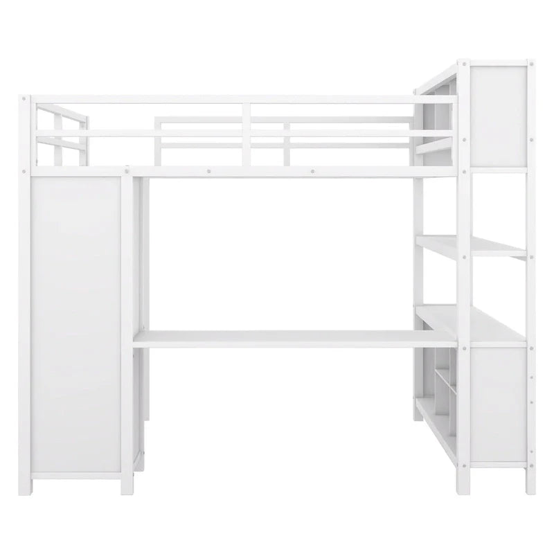 Lit mezzanine double en métal avec armoire, bureau en L et rangement