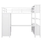 Lit mezzanine double en métal avec armoire, bureau en L et rangement