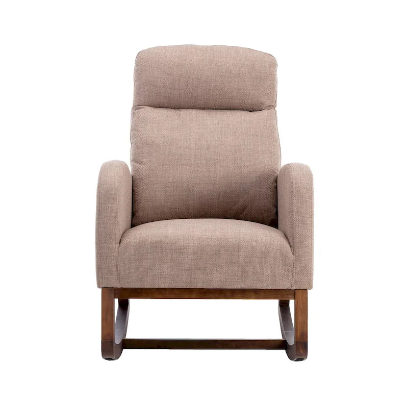 Fauteuil à bascule rembourré avec pieds en bois et poches latérales