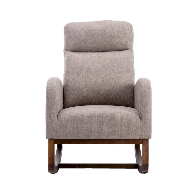 Fauteuil à bascule rembourré avec pieds en bois et poches latérales