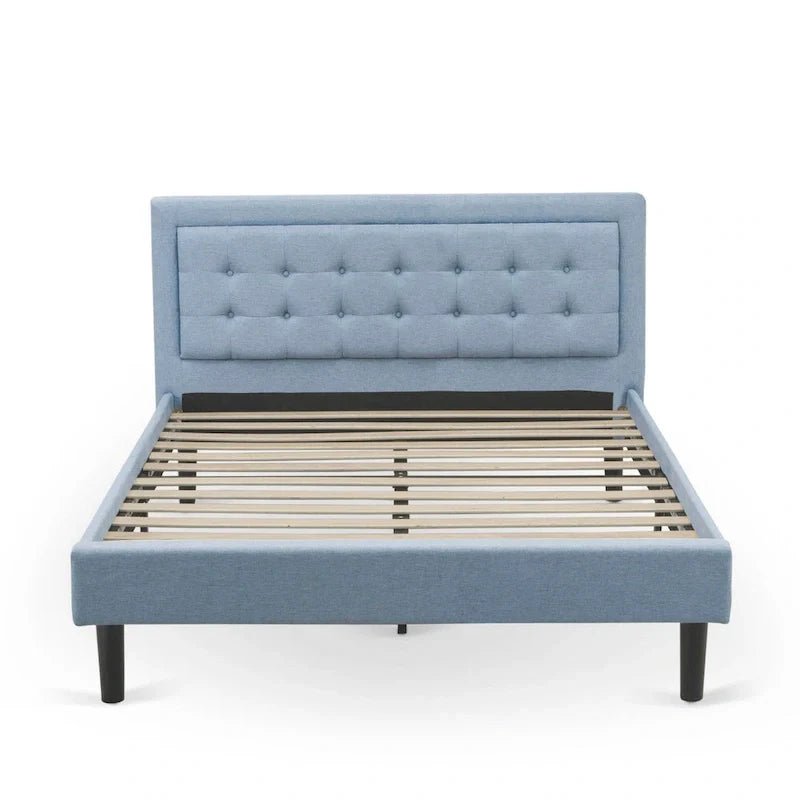 Lit plateforme - Tête de lit en tissu de lin capitonné avec garniture boutonnée - Pieds noirs
