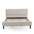 Lit plateforme - Tête de lit en tissu de lin capitonné avec garniture boutonnée - Pieds noirs