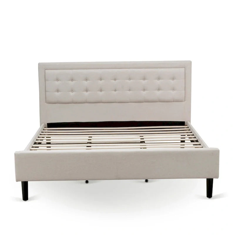 Lit plateforme - Tête de lit en tissu de lin capitonné avec garniture boutonnée - Pieds noirs