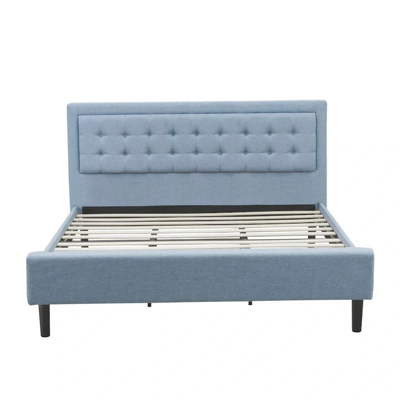 Lit plateforme - Tête de lit en tissu de lin capitonné avec garniture boutonnée - Pieds noirs