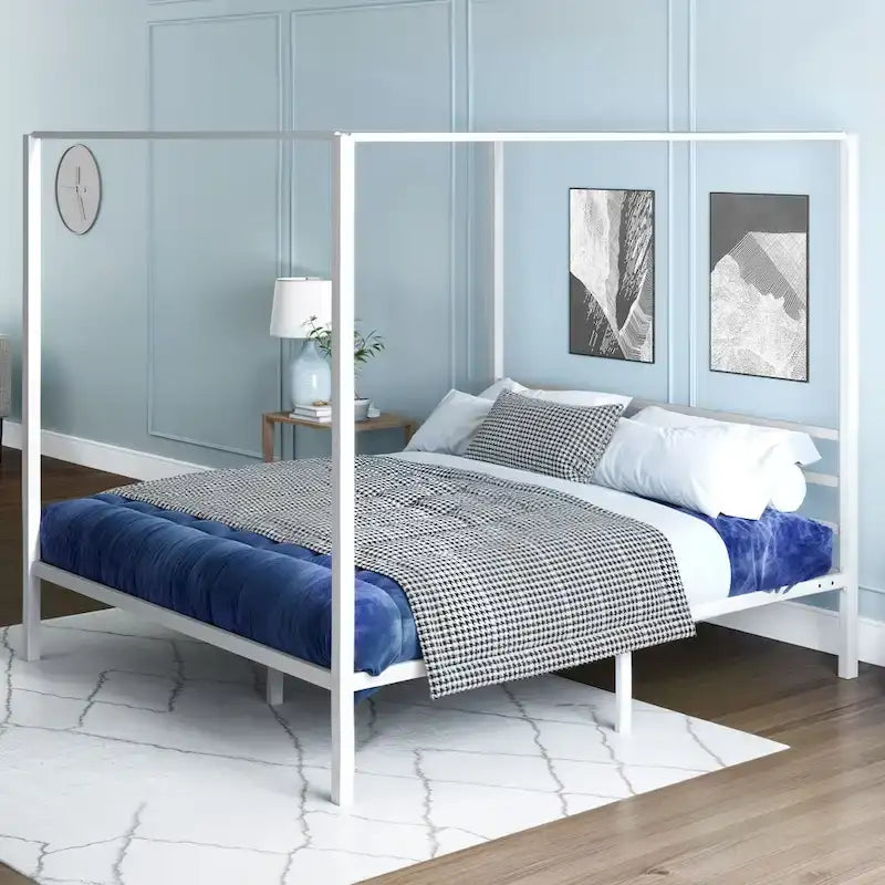 Cadre de lit plateforme baldaquin en métal blanc King Size
