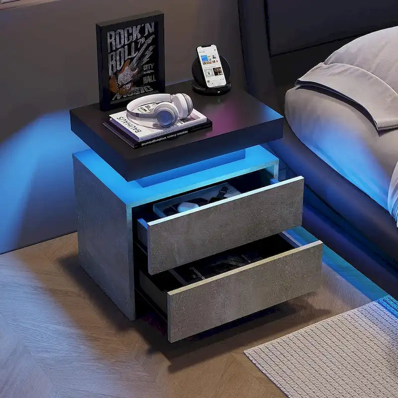 Table de chevet 2 tiroirs avec lumières LED