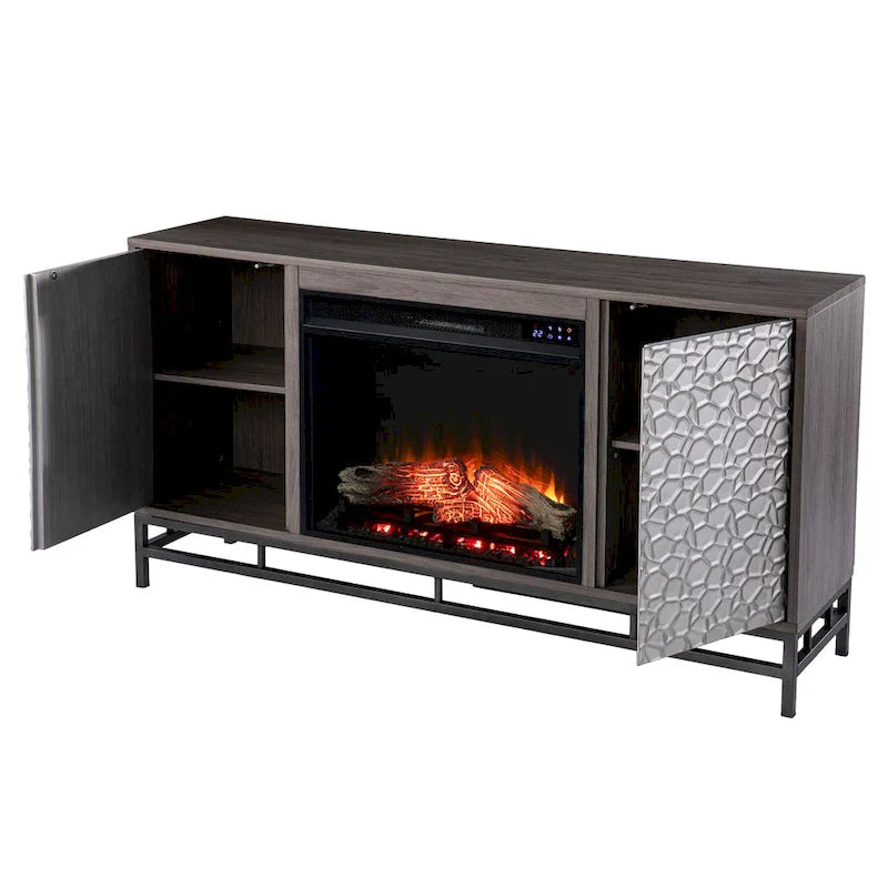 Meuble TV avec cheminée électrique en bois gris contemporain