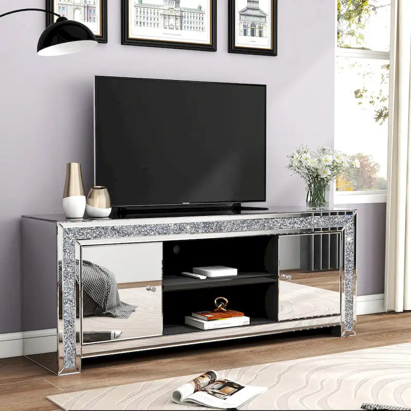 Meuble TV miroir de 59 po avec incrustation de diamants écrasés et armoires de rangement