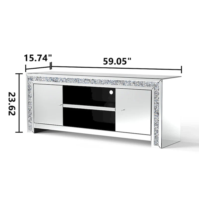 Meuble TV miroir de 59 po avec incrustation de diamants écrasés et armoires de rangement