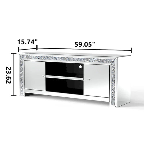 Meuble TV miroir de 59 po avec incrustation de diamants concassés et armoires de rangement