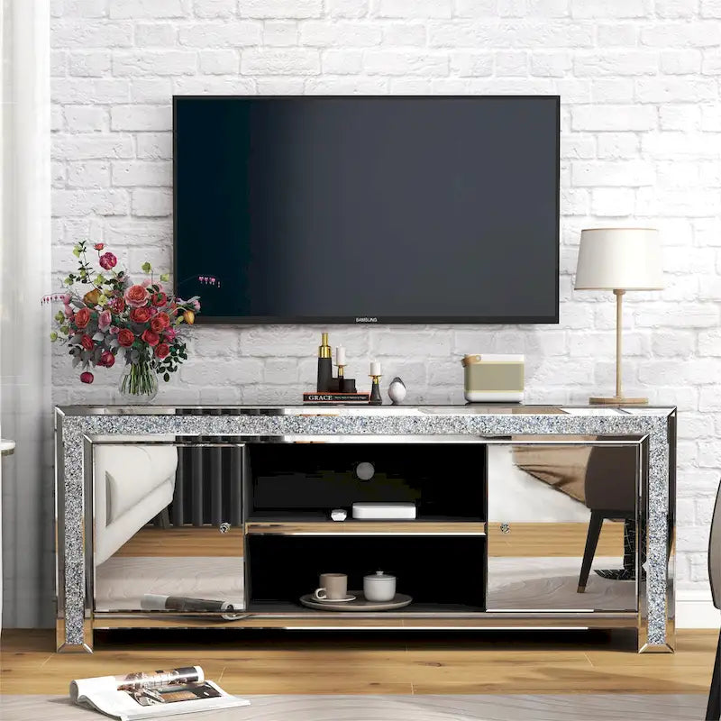 Meuble TV miroir de 59 po avec incrustation de diamants écrasés et armoires de rangement