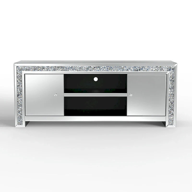 Meuble TV miroir de 59 po avec incrustation de diamants écrasés et armoires de rangement