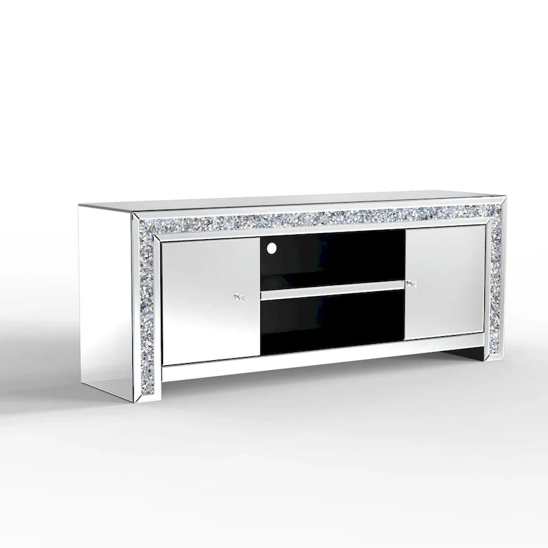 Meuble TV miroir de 59 po avec incrustation de diamants écrasés et armoires de rangement