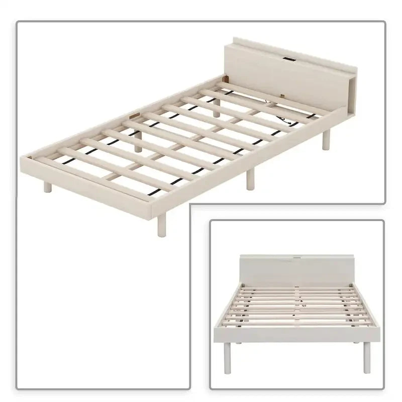 Cadre de lit plateforme en bois pour lit jumeau avec port de chargement USB