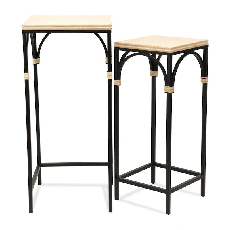 Lot de 2 tables d'appoint carrées en bois et métal avec accents en rotin