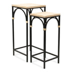 Lot de 2 tables d'appoint carrées en bois et métal avec accents en rotin