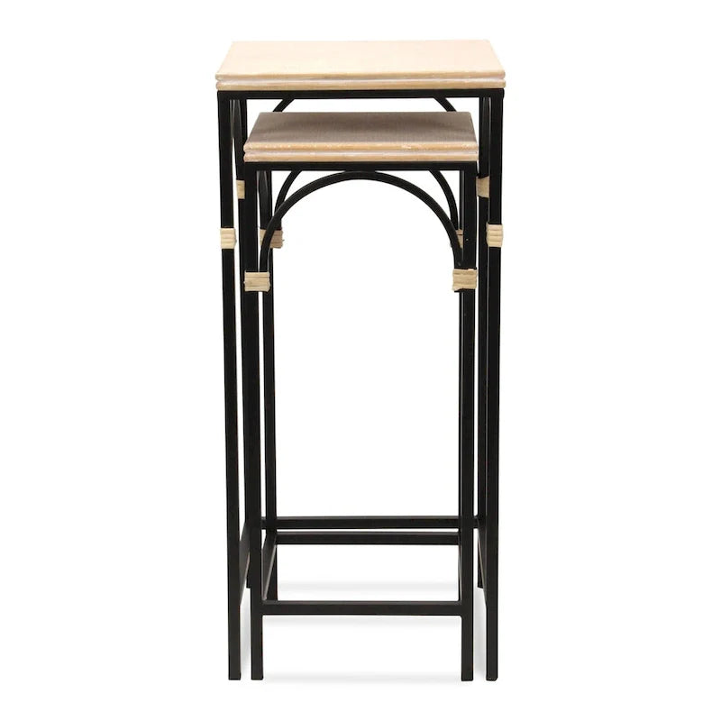 Lot de 2 tables d'appoint carrées en bois et métal avec accents en rotin