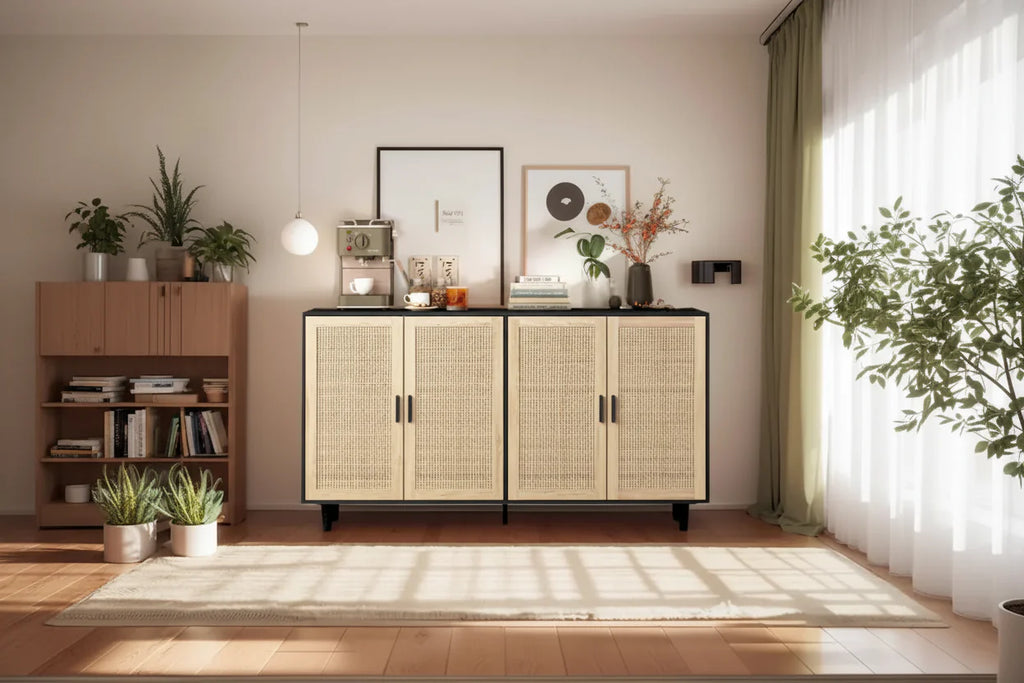 Meuble de rangement en rotin à 4 portes avec pieds en bois massif